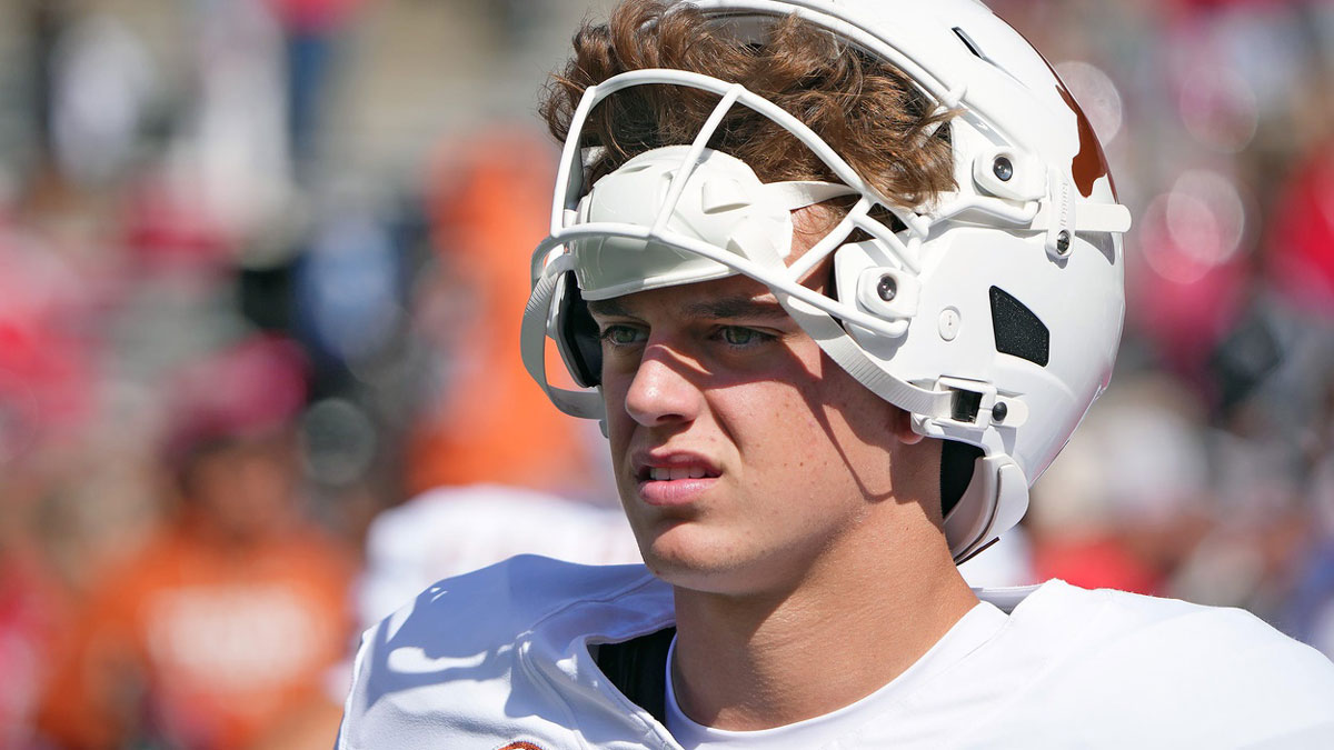 Texas Longhorns quarterback Arch Manning (16) on the field for warm ups before the Ohio State and Texas game at Ohio Stadium