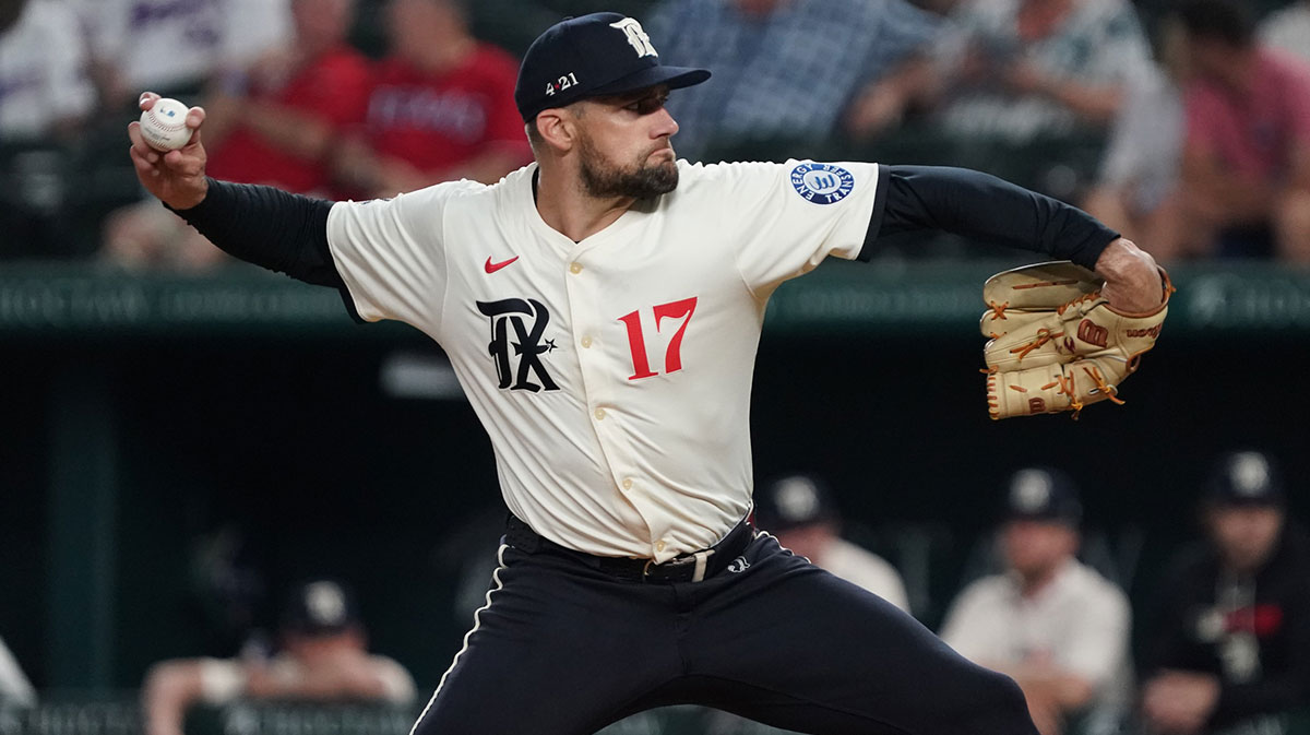 Texas Rangers starting pitcher Nathan Eovaldi (17) throws to the plate during the first inning against the Cleveland Guardians at Globe Life Field.