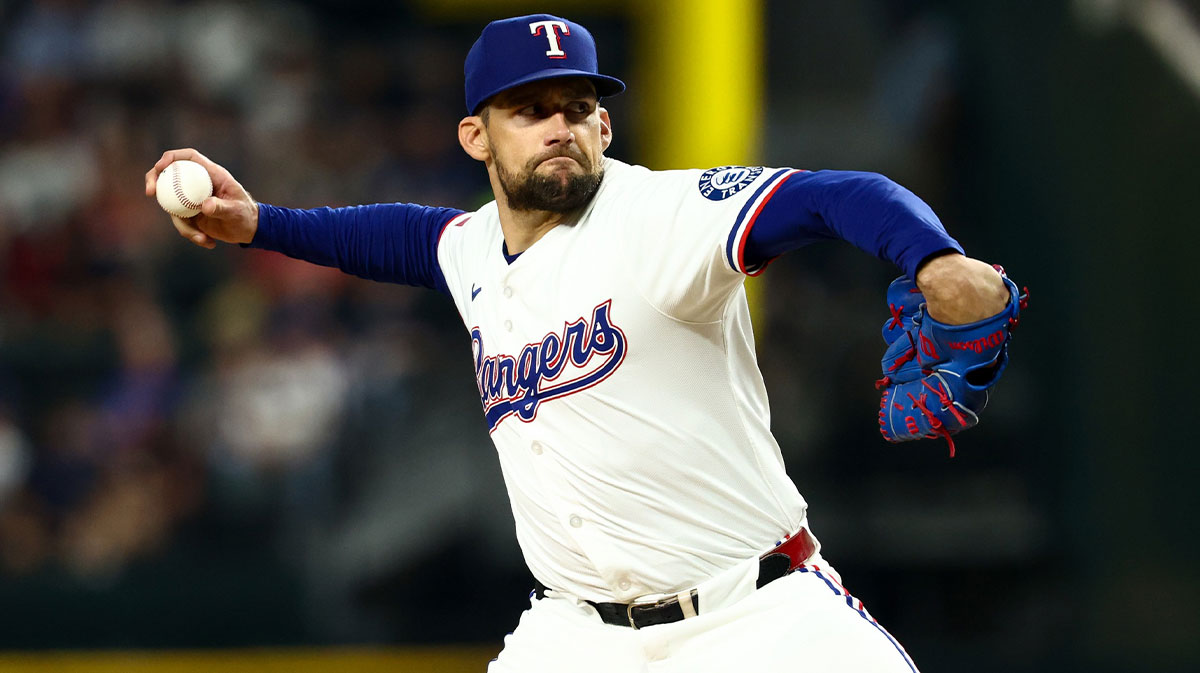 Texas Rangers starting pitcher Nathan Eovaldi (17) throws during the eighth inning against the New York Yankees at Globe Life Field.