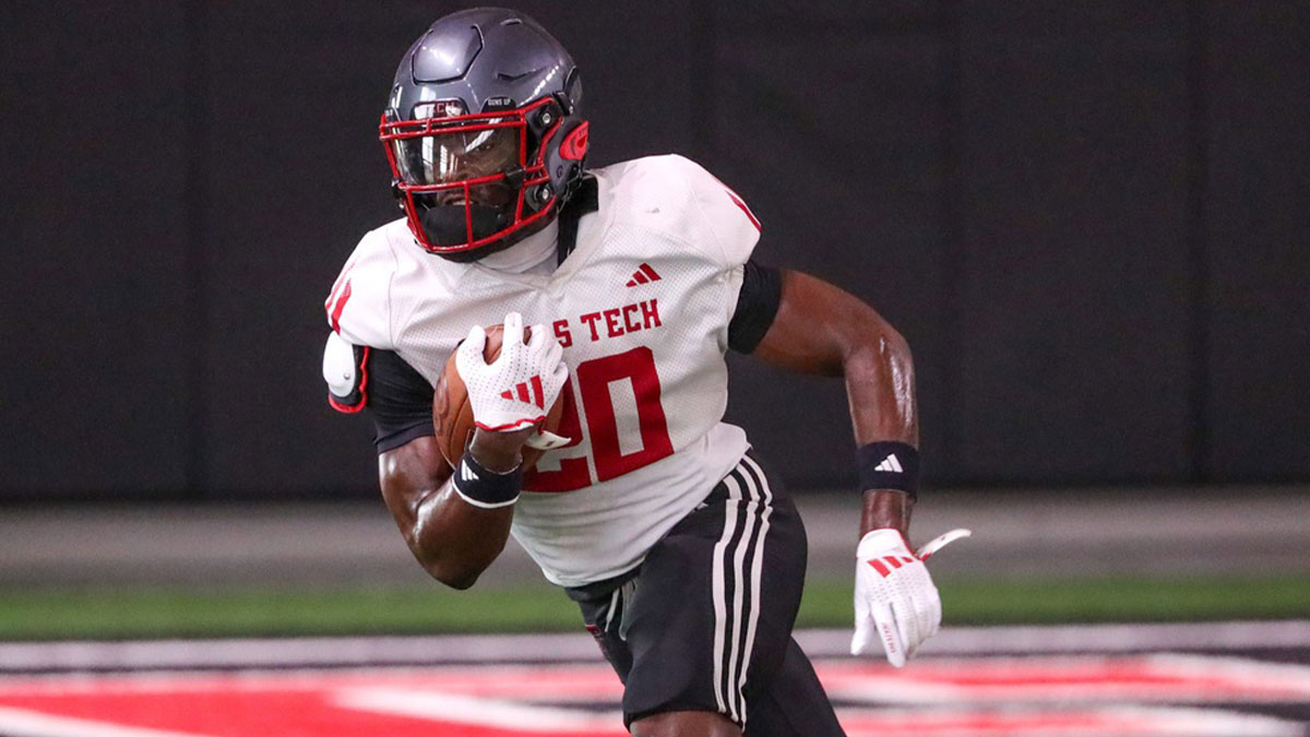 Running back J'Koby Williams goes through a drill during Texas Tech football practice, Monday, August 11, 2025, at the Womble Football Center.