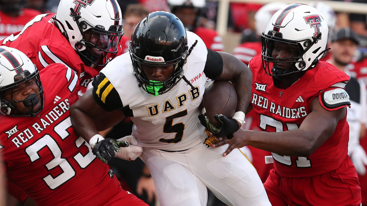 Arkansas-Pine Bluff Golden Lions running back Za’Marion Webber (5) rushes against the Texas Tech Red Raiders in the first half at Jones AT&T Stadium.