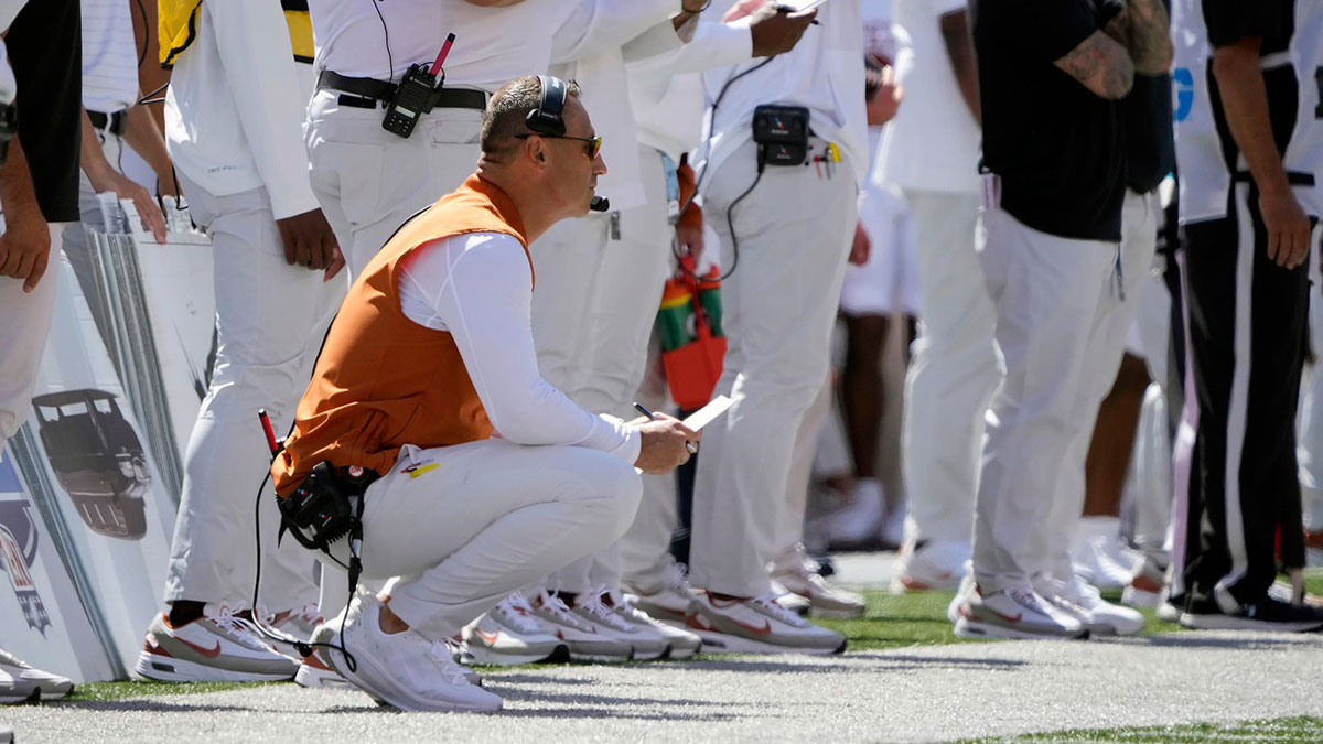 Texas Longhorns head coach Steve Sarkisian watches his team against Ohio State Buckeyes in the first quarter of their game at Ohio Stadium in Columbus, Ohio on Aug 30, 2025