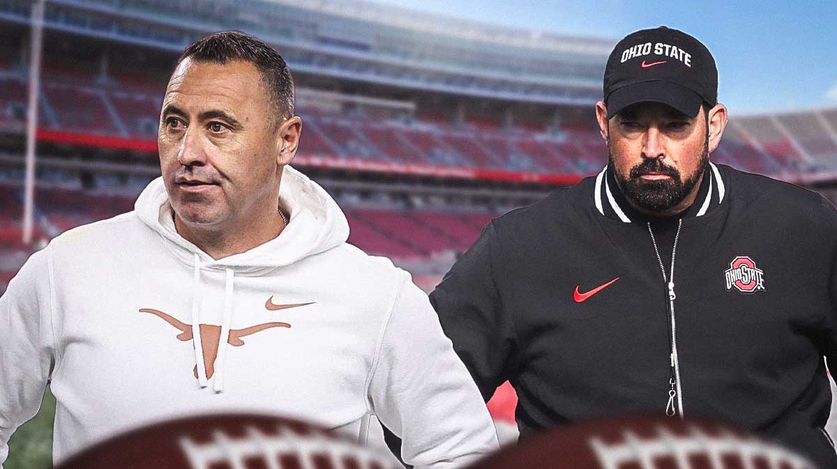 Steve Sarkisian on the left, Ryan Day on the right. Ohio Stadium in the background, texas ohio state bold predictions