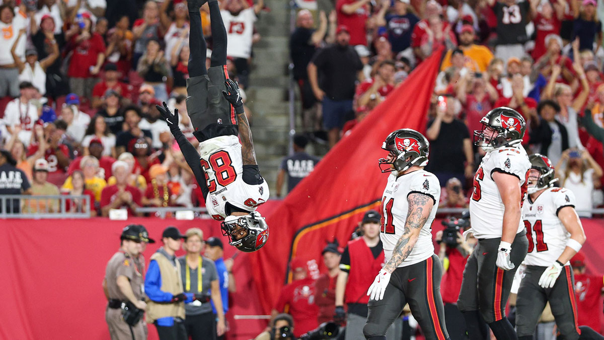Tampa Bay Buccaneers wide receiver Tez Johnson (83) celebrates after scoring a touchdown against the Buffalo Bills in the second quarter at Raymond James Stadium.