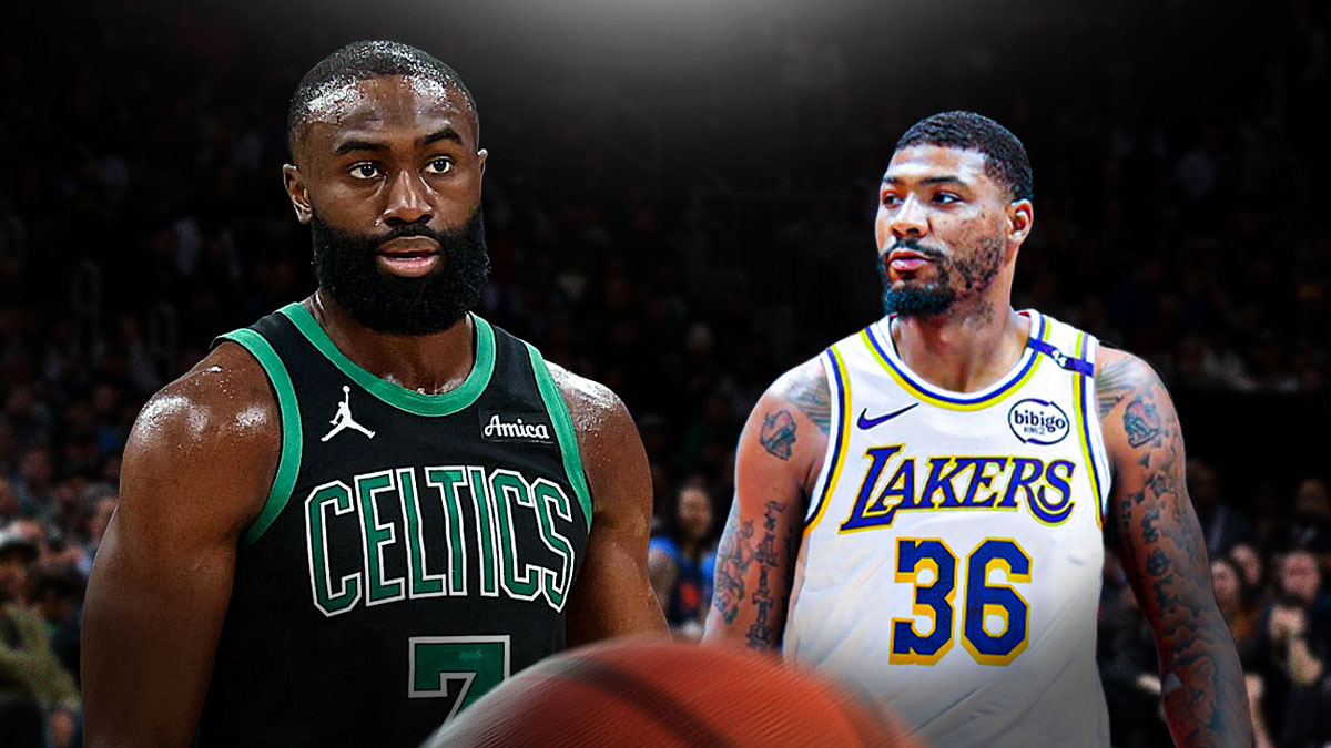 Jaylen Brown looking serious across from serious Marcus Smart (in Lakers jersey)