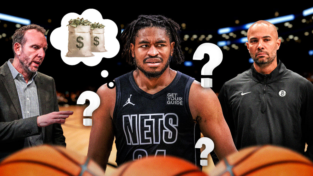 Nets' Cam Thomas thinking about money next to Sean Marks, Jordi Fernandez