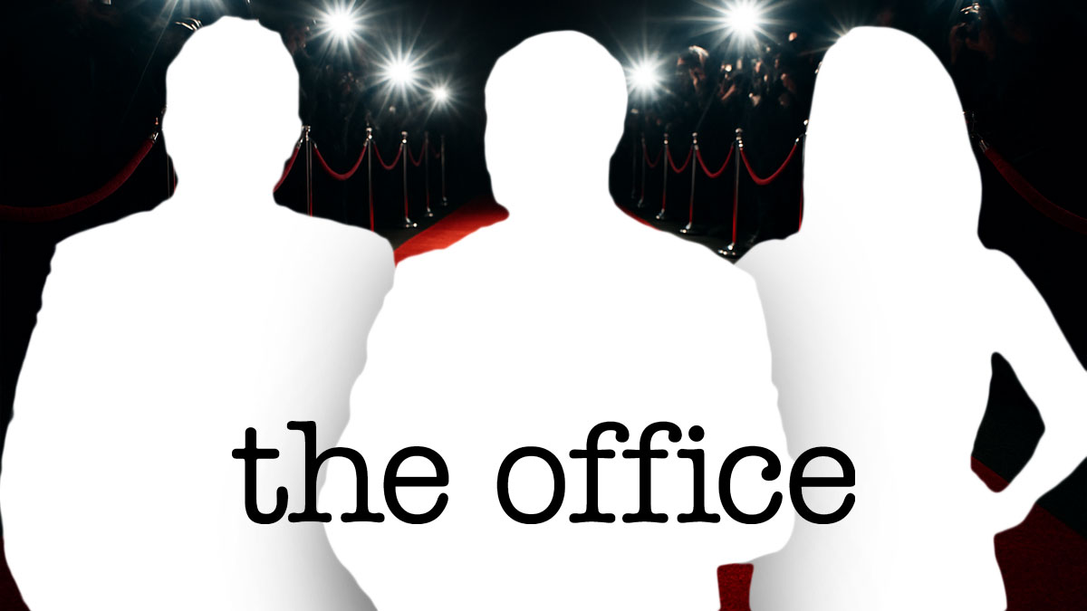 Silhouettes of The Office stars Creed Bratton, Oscar Nuñez, and Kate Flannery, who were at the premiere of the spin-off series The Paper, with logo for the show.