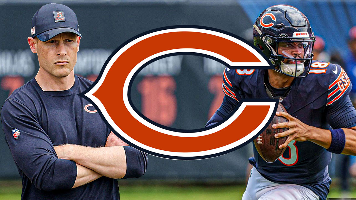 Bears logo in the middle with Ben Johnson on one side and Caleb Williams on the other
