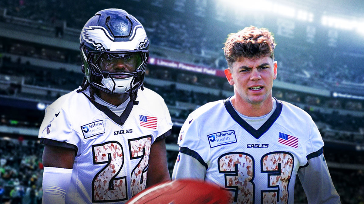 Mac McWilliams (number 22) in his Eagles uniform next to Cooper DeJean.