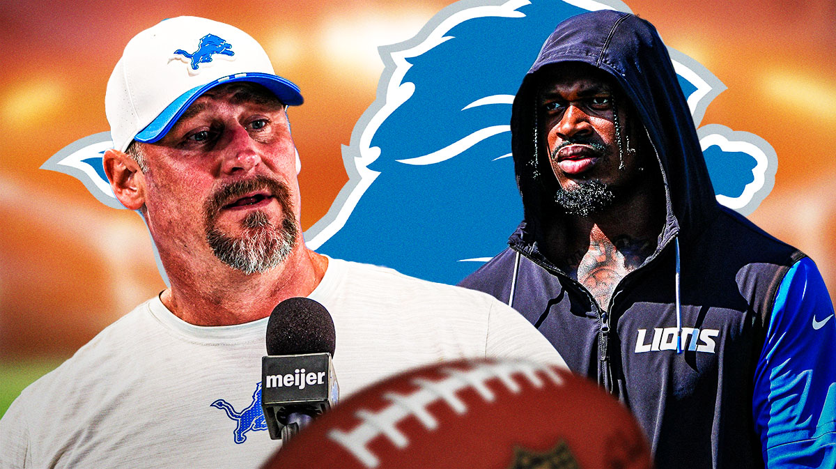 Detroit Lions head coach Dan Campbell next to edge rushers Al-Quadin Muhammad and Ahmed Hassanein. There is also a logo for the Detroit Lions.