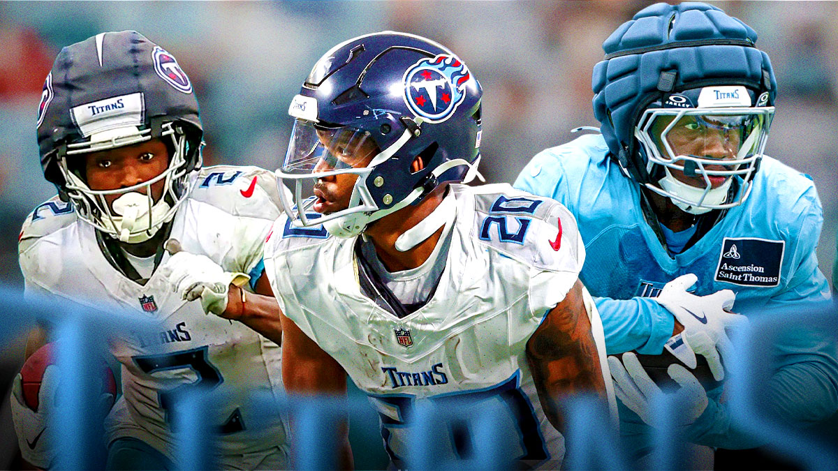 Titans RB Tony Pollard (front, center) with Titans RB Tyjae Spears and Titans RB Kalel Mullings behind him. Tennessee Titans logo in background