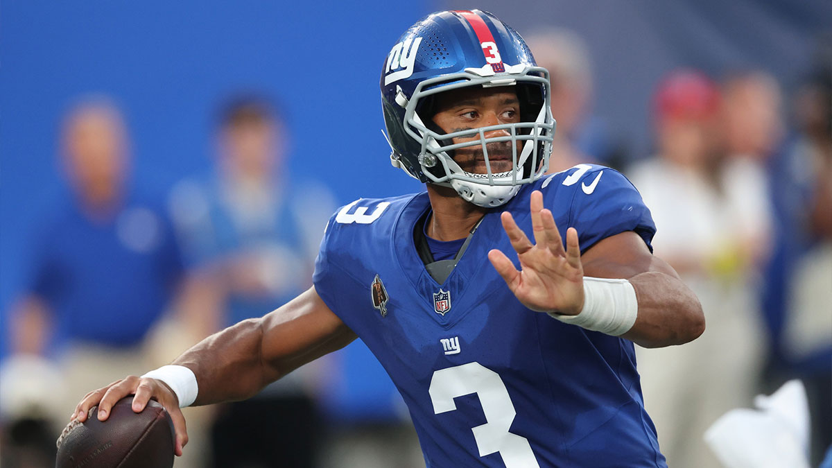 New York Giants quarterback Russell Wilson (3) drops back to pass during the first half against the New York Jets at MetLife Stadium.