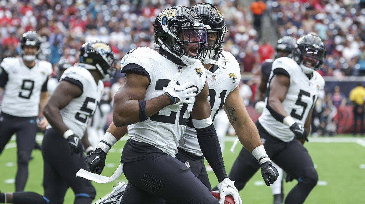 Jacksonville Jaguars safety Daniel Thomas (20) celebrates after recovering a fumble during the first quarter against the Houston Texans at NRG Stadium.