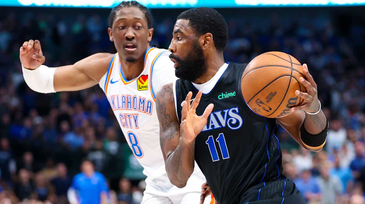 Mavericks guard Kyrie Irving (11) drives to the basket as Oklahoma City Thunder forward Jalen Williams (8) defends during the second half in game six of the second round of the 2024 NBA playoffs at American Airlines Center