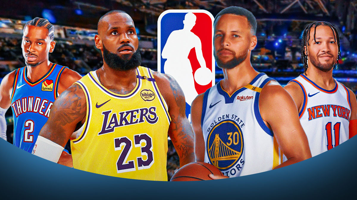 LeBron James, Stephen Curry, Shai Gilgeous-Alexander, And Jalen Brunson with NBA logo