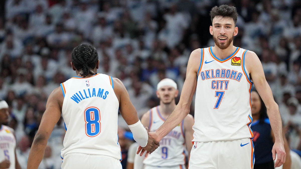 Thunder forward Chet Holmgren (7) reacts with forward Jalen Williams (8) in the second half during game four of the western conference finals for the 2025 NBA Playoffs at Target Center