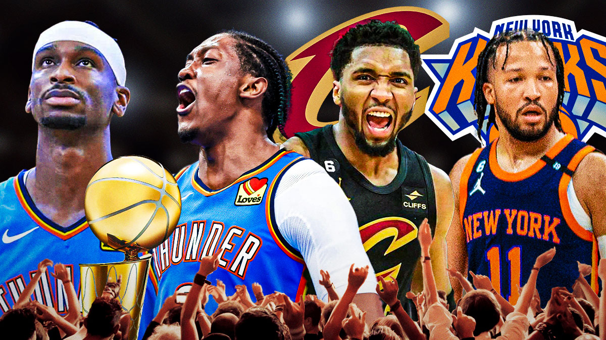 Thunder All-Star Shai Gilgeous-Alexander and Thunder All-Star Jalen Williams with the NBA's Larry O'Brien Trophy in between them, and Cavs All-Star Donovan Mitchell with the Cavs logo behind him, and Knicks All-Star Jalen Brunson with the Knicks logo behind him in the background with Bucks logo in the back