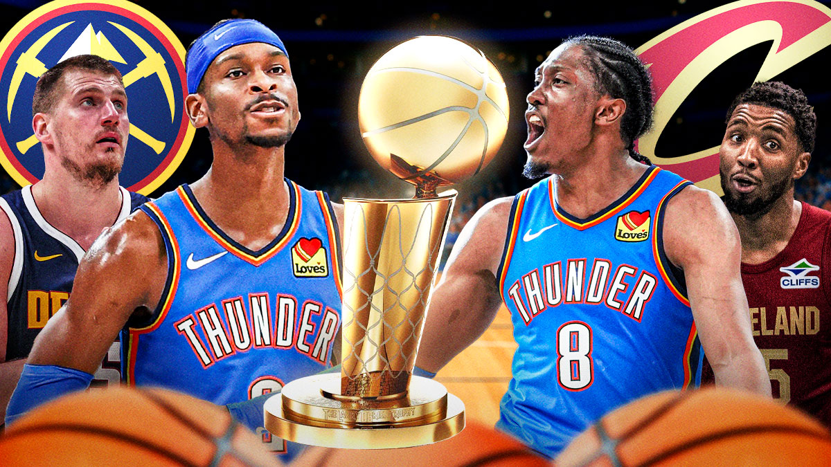 Thunder All-Stars Shai Gilgeous-Alexander and Jalen Williams with the NBA's Larry O'Brien trophy in between them and Cavs All-Star Donovan Mitchell and Nuggets All-Star Nikola Jokic in the background with the Cavs logo behind Mitchell and the Nuggets logo behind Jokic