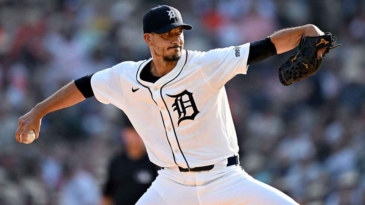 Detroit Tigers starting pitcher Charlie Morton (50) throws a pitch against the Los Angeles Angels in the first inning at Comerica Park.