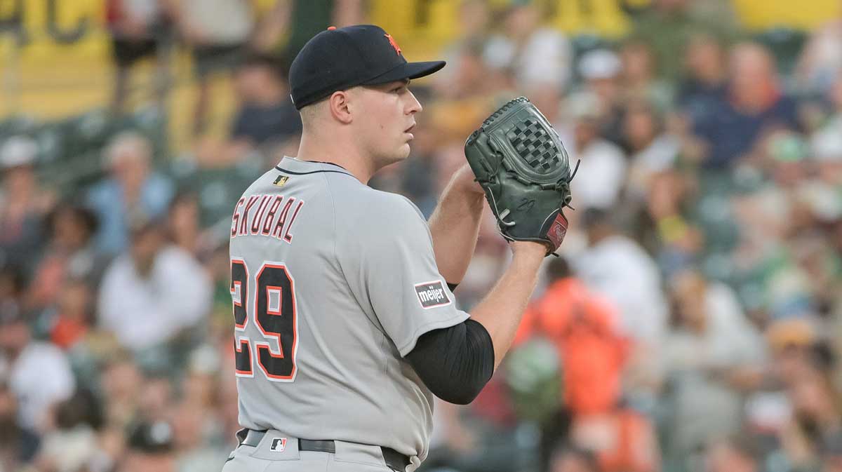 Detroit Tigers pitcher Tarik Skubal (29) throws a pitch against the Athletics during the first inning at Sutter Health Park.