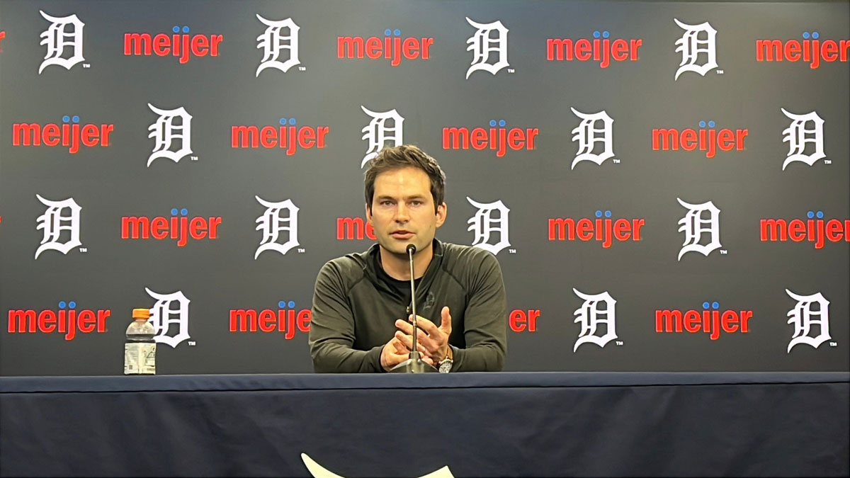 Detroit Tigers president of baseball operations Scott Harris talks to reporters about trading for starting pitcher Chris Paddack on July 28, 2025, at Comerica Park in Detroit, Michigan.