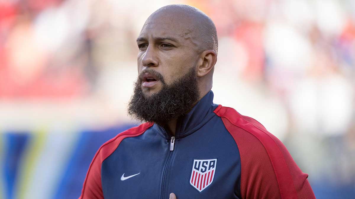 United States goalkeeper Tim Howard (24) before the finals of the CONCACAF Gold Cup against Jamaica at Levi's Stadium. The United States defeated Jamaica 2-1.