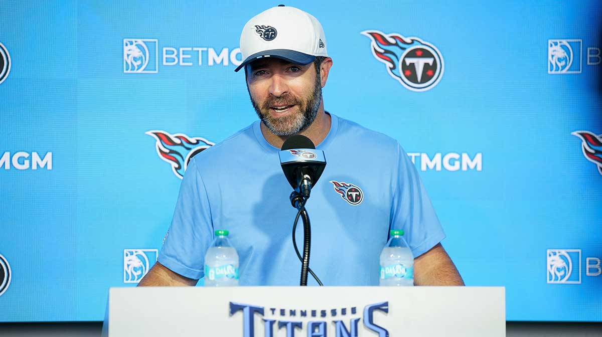 Tennessee Titans Brian Callahan speaks before an NFL football training camp practice at Ascension Saint Thomas Sports Park