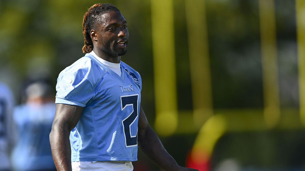 Tennessee Titans running back Tyjae Spears (2) talking during training camp at Ascension Saint Thomas Sports Park.