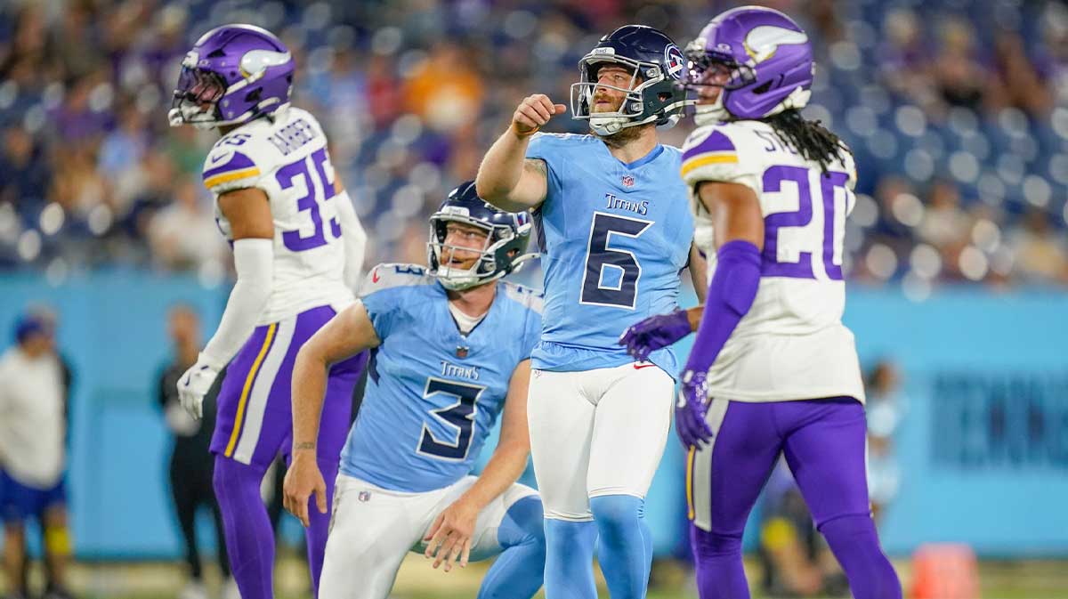 Tennessee Titans place kicker Joey Slye (6) kicks a field goal during the fourth quarter of an NFL pre-season game against the Minnesota Vikings at Nissan Stadium in Nashville, Tenn.,