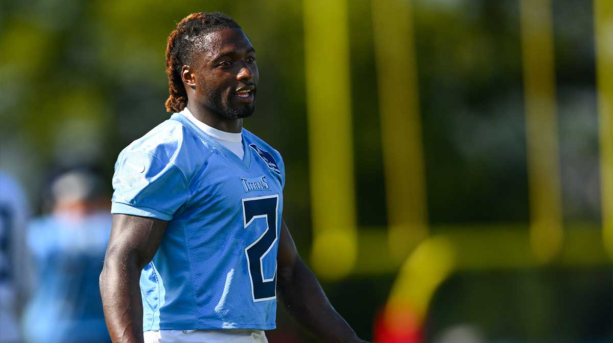 Tennessee Titans running back Tyjae Spears (2) talking during training camp at Ascension Saint Thomas Sports Park.