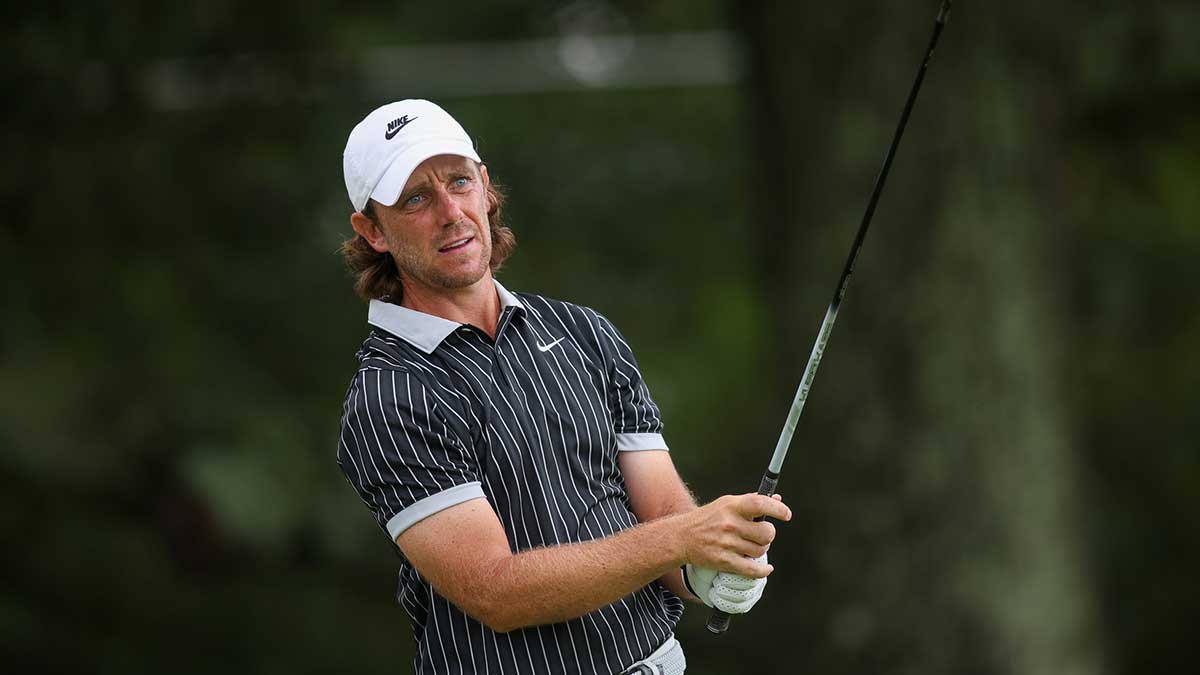 Tommy Fleetwood plays his shot from the third tee during the second round of the TOUR Championship golf tournament
