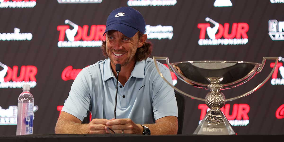 Tommy Fleetwood talks to the media after winning the TOUR Championship golf tournament.