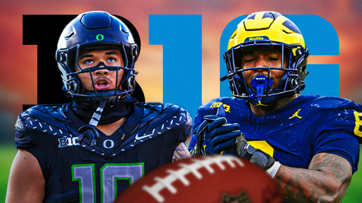 Big Ten, Big Ten pass rusher, Top Big Ten pass rusher, Michigan football, Big Ten defense, Derrick Moore and Matayo Uiagalelei in respective team uniforms, football background, Big Ten logo on graphic