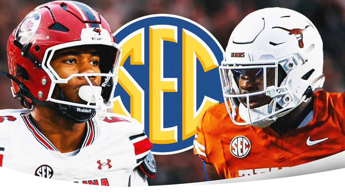 SEC logo in the middle with South Carolina's Dylan Stewart on one side and Texas' Colin Simmons on the other hand