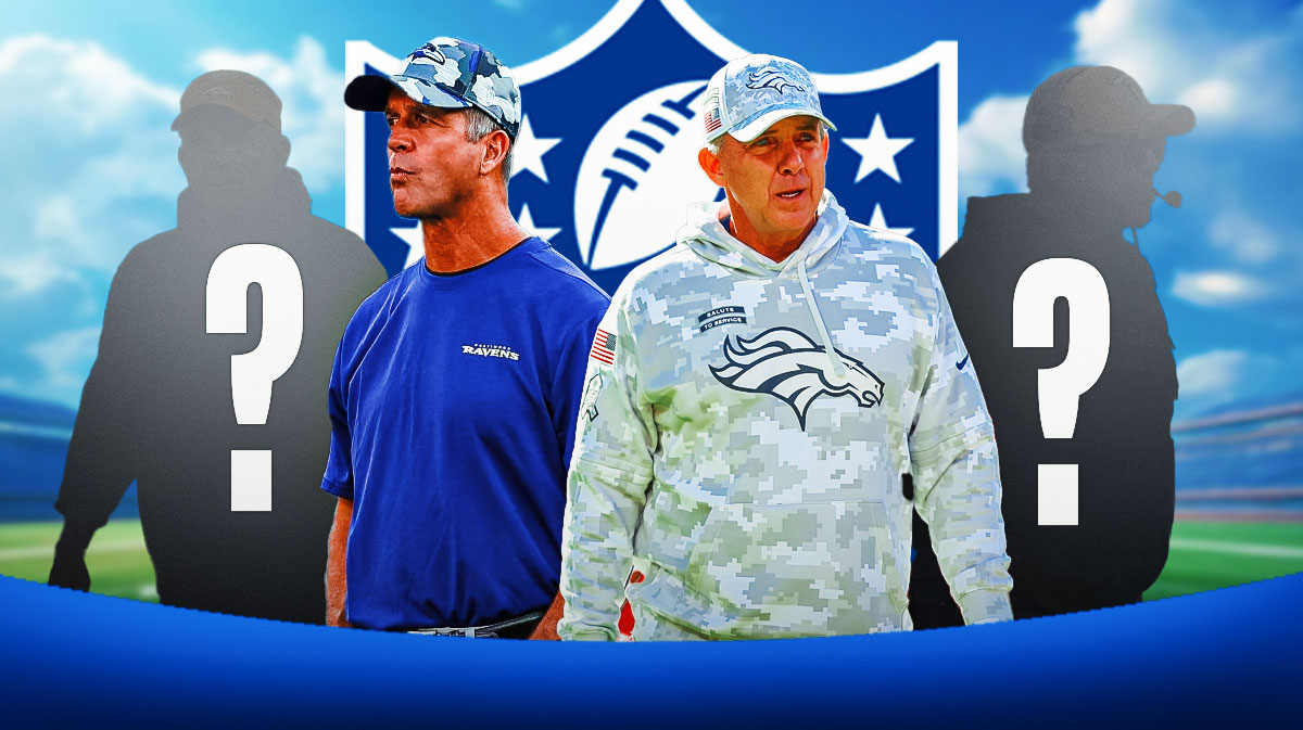 Baltimore Ravens head coach John Harbaugh next to Broncos head coach Sean Payton. There are also two silhouettes of football coaches with big question mark emojis inside. There is also a logo for the NFL.