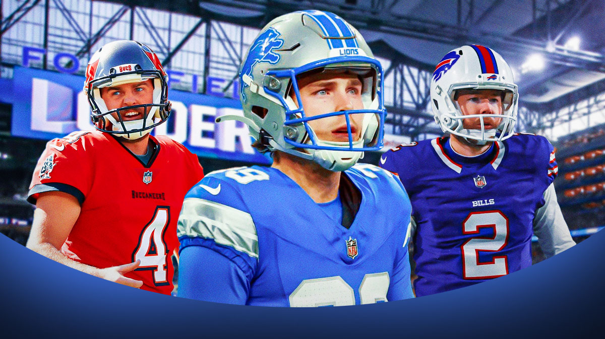 IMAGE: Detroit Lions kicker Jake Bates in center, Tampa Bay Buccaneers kicker Caleb McLaughlin on right side, Buffalo Bills kicker Tyler Bass on left side, Ford Field (home stadium of the Detroit Lions) in the background