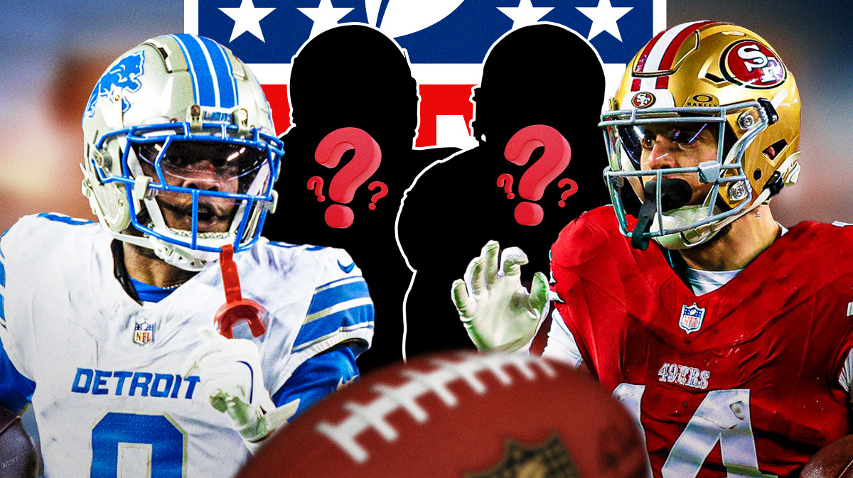 Detroit Lions WR Jameson Williams with San Francisco 49ers WR Ricky Pearsall and two silhouettes of American football players with big question mark emojis inside. There is also a logo for the NFL.