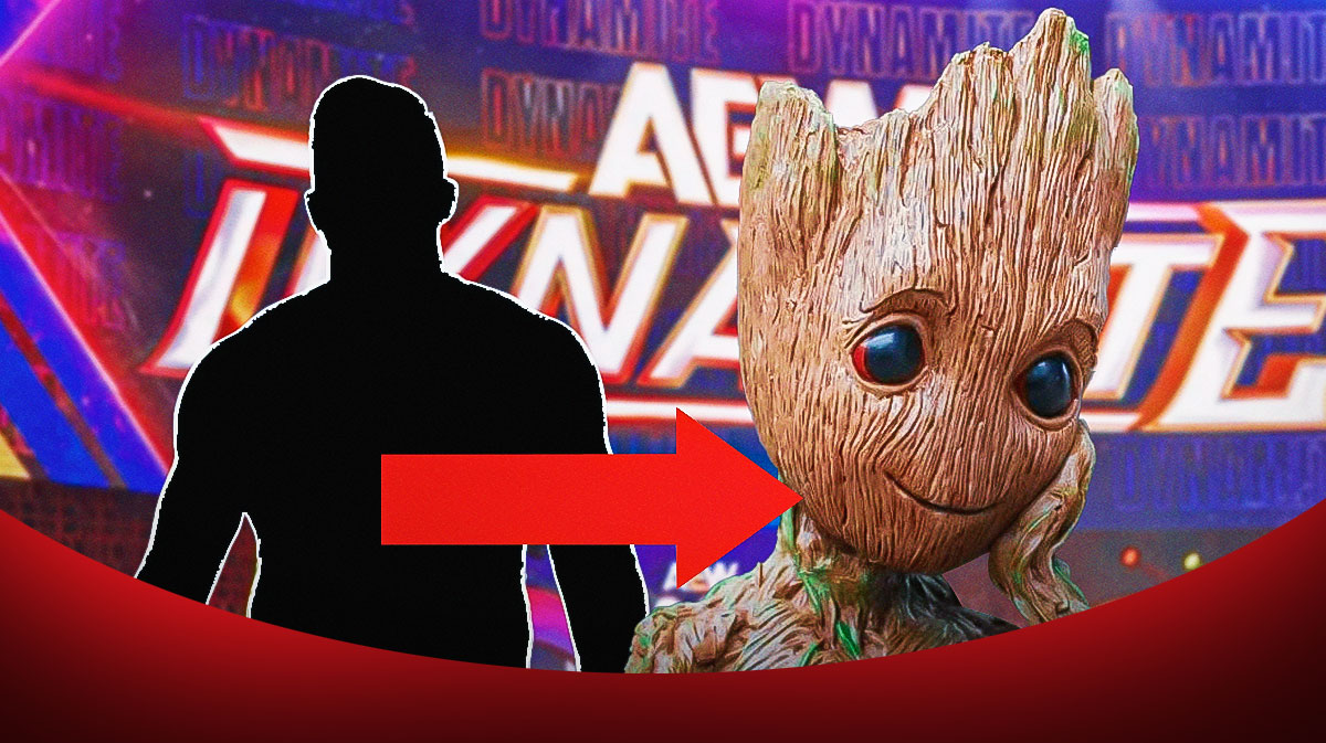 Silhouette of former AEW star Jake Hager with an arrow pointing at Groot from Marvel's Guardians of the Galaxy franchise.