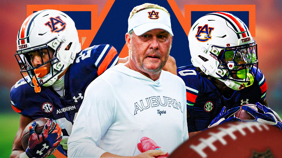 Hugh Freeze in the center, Damari Alston and Jeremiah Cobb on the outsides. Auburn logo in the background.