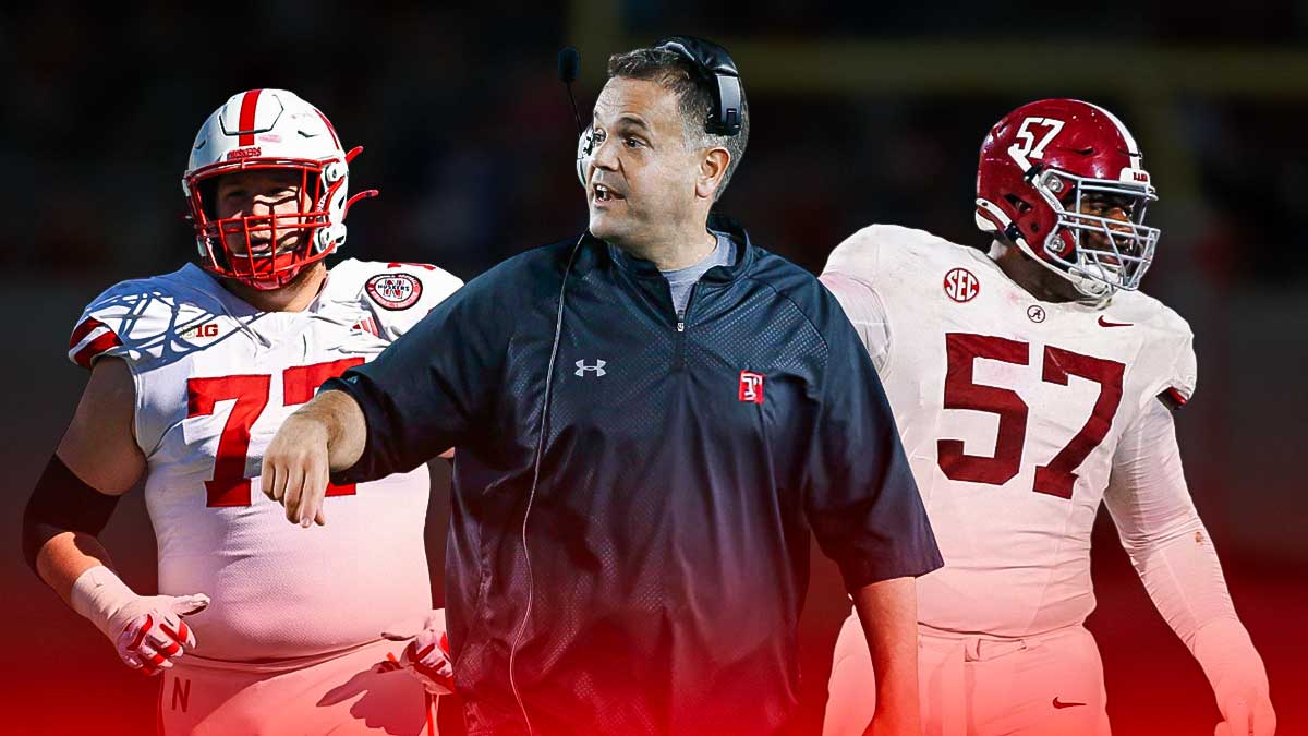 Matt Rhule in the middle with Gunnar Gottula and Elijah Pritchett on the outside. Nebraska logo background.