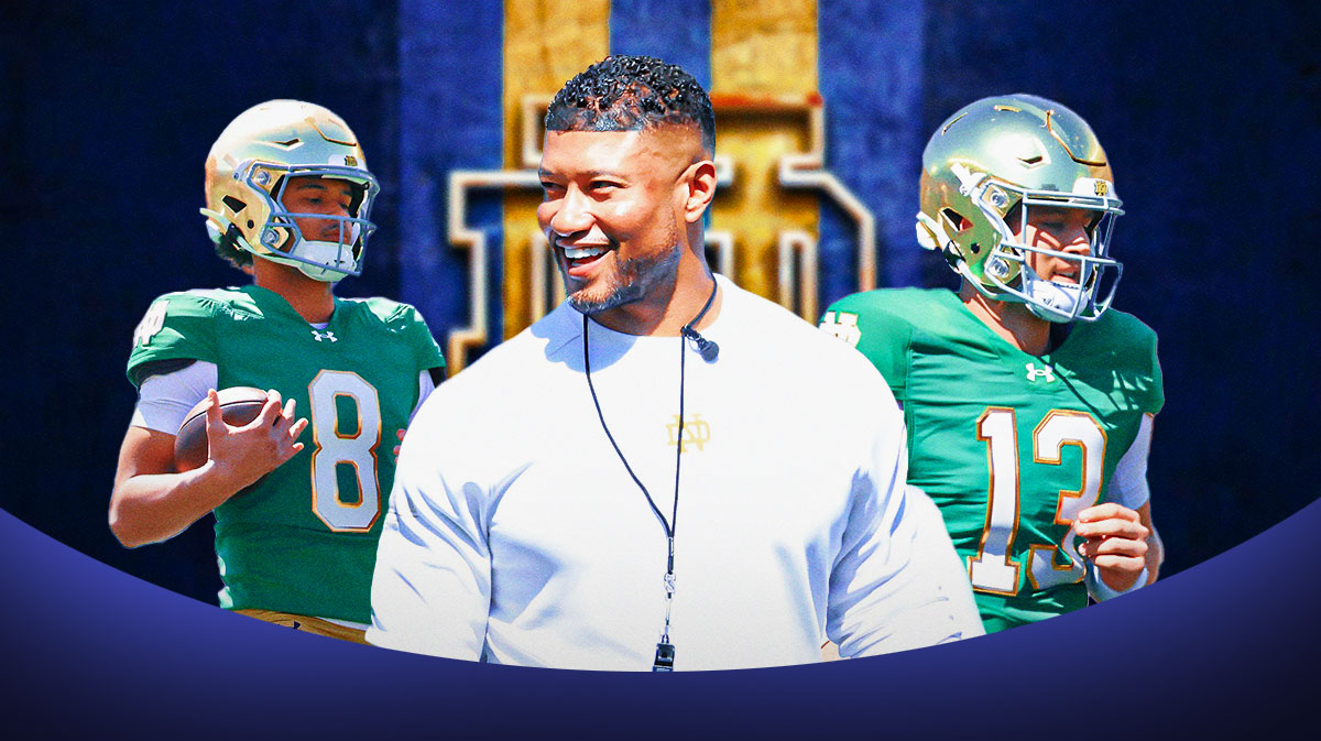 Marcus Freeman in the middle, CJ Carr and Kenny Minchey on the outsides. Notre Dame logo in the background.