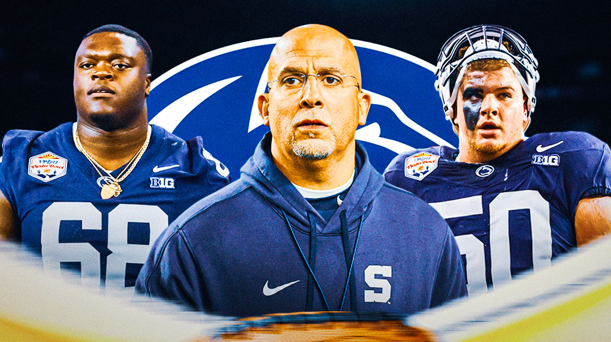 James Franklin in the middle with Anthony Donkoh and Cooper Cousins on the outsides. Penn State logo in the background.