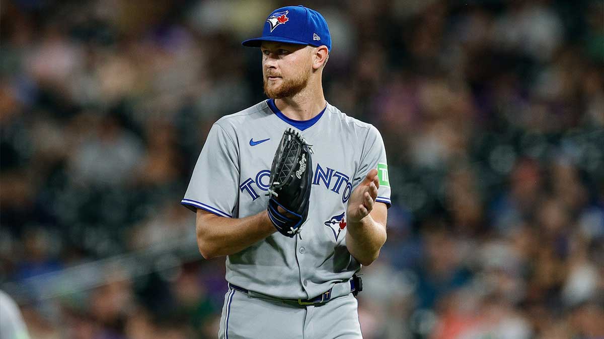 Toronto Blue Jays starting pitcher Eric Lauer (56) reacts at the end of the sixth inning against the Colorado Rockies at Coors Field.