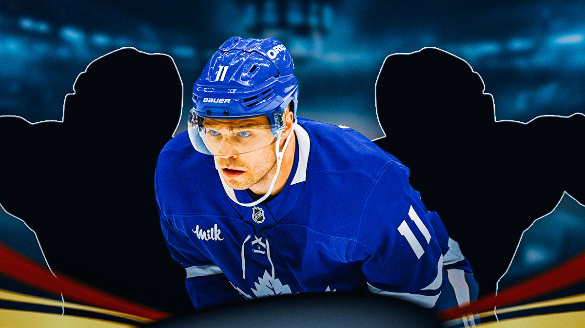 Max Domi in the center with mystery players around him and the maple leafs logo in the background.