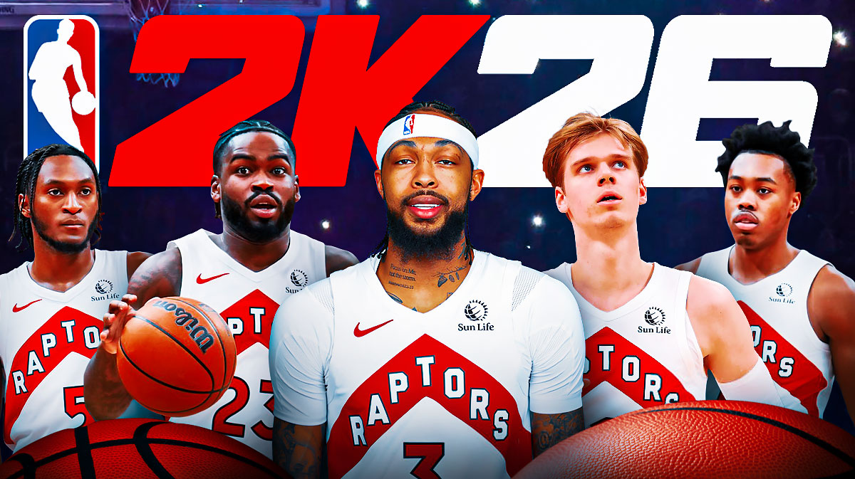 Toronto Raptors NBA 2K26 ratings that are 100% wrong. Jamal Shead, Gradey Dick, Immanuel Quickley, Brandon Ingram and Scottie Barnes in the Raptors jersey with a 2k26 logo at the top with a single question mark.