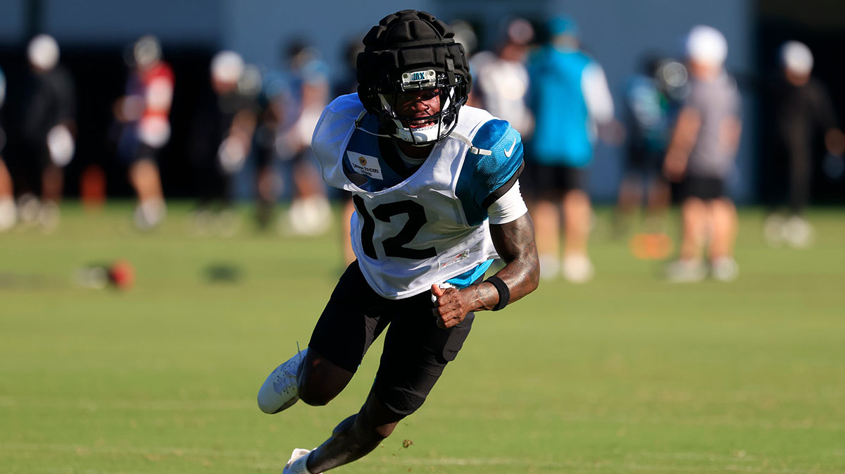 Jacksonville Jaguars wide receiver Travis Hunter (12) runs during an NFL training camp session at the Miller Electric Center, Wednesday, Aug. 6, 2025, in Jacksonville, Fla. [Corey Perrine/Florida Times-Union]