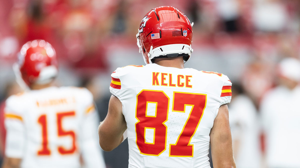 Jersey of Kansas City Chiefs tight end Travis Kelce, who recently announced his engagement to Taylor Swift.