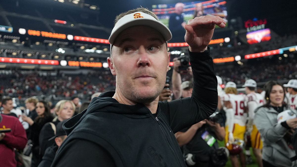 Southern California Trojans head coach Lincoln Riley reacts after the game against the Texas A&M Aggies at Allegiant Stadium.