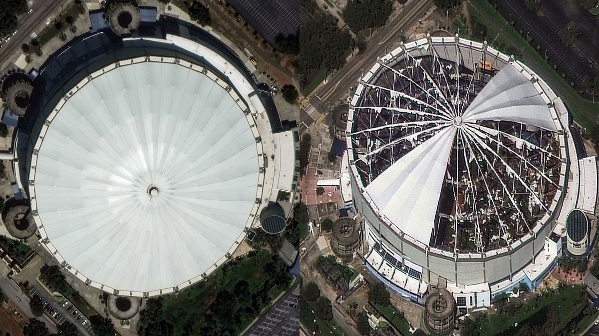 Tropicana Field before and after Hurricane Milton.