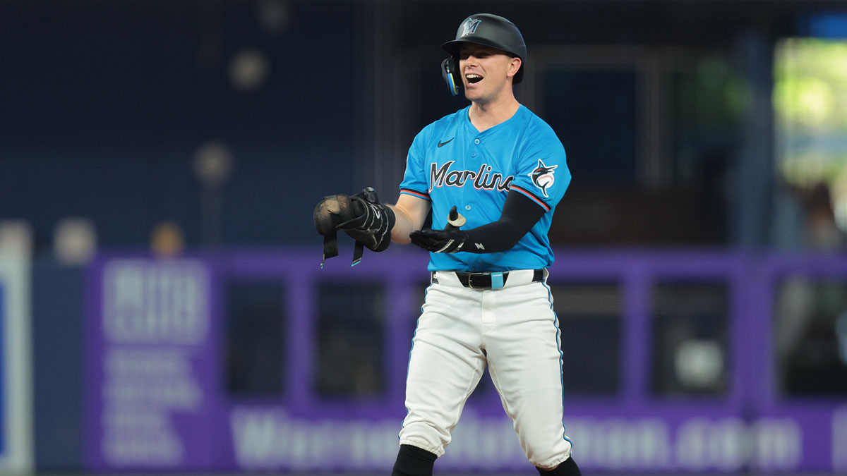 Miami Marlins right fielder Troy Johnston (75) reacts from second base after hitting an RBI double against the New York Yankees during the second inning at loanDepot Park.